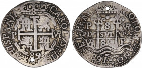 Charles II (1665-1700)
8 Reales. 1689. POTOSÍ. VR (nexadas). No encapsulada por NGC PLATED (nº 5779586-028) por sobredorada. 26,66 grs. Tipo Real. Gr...