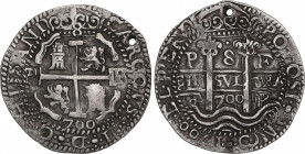Charles II (1665-1700)
8 Reales. 1700. POTOSÍ. F. Encapsulada por NGC XF DETAILS, HOLED (nº 5779587-004). Rev.: 
 26,80 grs. Tipo Real. Fecha de 3 d...