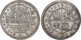 Charles II (1665-1700)
8 Reales. 1697/82. SEGOVIA. F/BR (nexadas). 27,29 grs. Brillo original. Magnífica pieza. Rara así. EBC+. / Mint luster. Outsta...