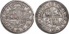 Charles II (1665-1700)
8 Reales. 1697/(8)2. SEGOVIA. F/BR (nexadas). 26,26 grs. Rectificación de fecha visible en la parte inferior derecha del 7. Pe...