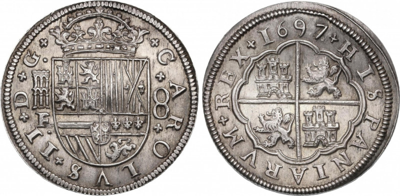 Charles II (1665-1700)
8 Reales. 1697/84. SEGOVIA. F/BR (nexadas). 26,47 grs. C...