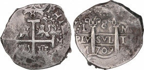 Philip V (1700-1746)
8 Reales. 1709. LIMA. M. 27,04 grs. Escasa. MBC+. / Scarce and choice very fine. AC-1282; Cal-632. Ex Áureo 183 - 14 Diciembre 2...