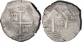 Philip V (1700-1746)
8 Reales. 1710. LIMA. H. 27,06 grs. Dos fechas visibles. MBC. / Two visible dates. Very fine. AC-1283; Cal-633. Adq. Carlos Fust...