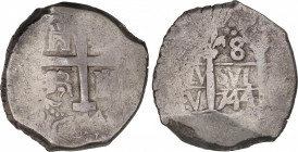 Philip V (1700-1746)
8 Reales. 1744. LIMA. V. 27,93 grs. Doble fecha, la de anverso parcial. Escasa. MBC. / Double date, the one on obverse partially...