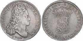 Philip V (1700-1746)
8 Reales. 1709. MADRID. J. 26,64 grs. Reverso coincidente tipo medalla. Única moneda Peninsular de este módulo con el busto del ...