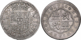 Philip V (1700-1746)
8 Reales. 1710. MADRID. J. 26,02 grs. PHILIPPVS e HISPANIARVM. Canto liso. Escasa. EBC-/MBC+. / PHILIPPVS and HISPANIARVM. Plain...