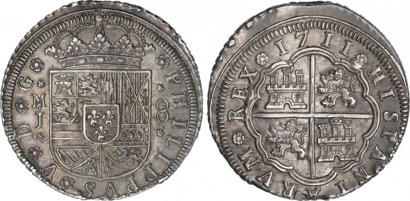 Philip V (1700-1746)
8 Reales. 1711. MADRID. J. 25,83 grs. PHILIPPVS e HISPANIA...