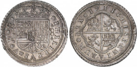 Philip V (1700-1746)
8 Reales. 1711. MADRID. J. Encapsulada por NGC MS 67 (nº 5781054-025). 27,38 grs. PHILIPPVS e HISPANIARUM. Variante corona del e...