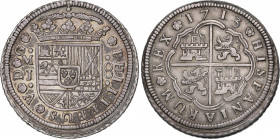 Philip V (1700-1746)
8 Reales. 1713. MADRID. J. 25,68 grs. PHILIPPUS e HISPANIARUM. Variante corona del escudo. Canto con cordoncillo. Pátina y resto...