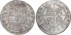 Philip V (1700-1746)
8 Reales. 1714. MADRID. J. 26,82 grs. PHILIPPUS e HISPANIARUM. Canto con cordoncillo. Acuñación algo desplazada, levemente limpi...