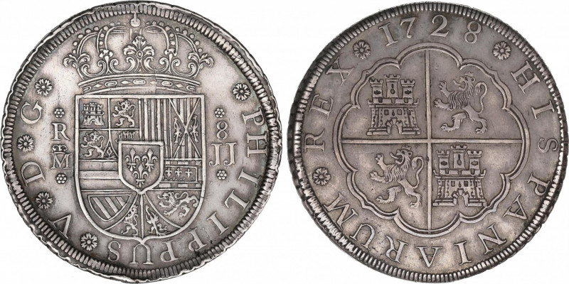 Philip V (1700-1746)
8 Reales. 1728. MADRID. J.J. 26,80 grs. Pátina en reverso....