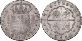 Philip V (1700-1746)
8 Reales. 1729. MADRID. J.J. 27,00 grs. 9 curvo. Escasa. MBC+. / 9 curved. Scarce and choice very fine. AC-1350; Cal-694. Ex J. ...