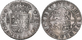 Philip V (1700-1746)
8 Reales. 1732. MADRID. J.F. 26,79 grs. Leves oxidaciones limpiadas y rayitas. Muy escasa. MBC+. / Slight corrosions cleaned and...
