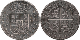 Philip V (1700-1746)
8 Reales. 1734. MADRID. J.F. 26,33 grs. Pátina oscura. Escasa. MBC+. / Dark patina. Scarce and choice very fine. AC-1357; Cal-70...