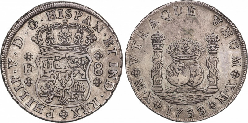 Philip V (1700-1746)
8 Reales. 1733/2. MÉXICO. F. 26,63 grs. Columnario. Marca ...