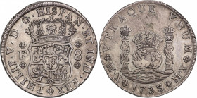 Philip V (1700-1746)
8 Reales. 1733/2. MÉXICO. F. 26,63 grs. Columnario. Marca de ceca: M·X. Restos de brillo original. Muy rara. MBC+. / Pillar doll...