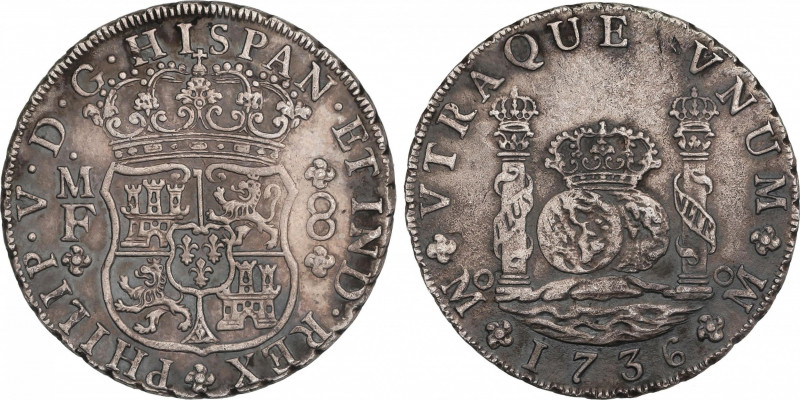 Philip V (1700-1746)
8 Reales. 1736. MÉXICO. M.F. 26,35 grs. Columnario.Pátina ...