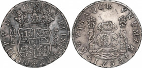 Philip V (1700-1746)
8 Reales. 1738. MÉXICO. M.F. 26,68 grs. Columnario. Variante V de las leyendas son A invertidas. Pátina irregular. Rayitas en re...