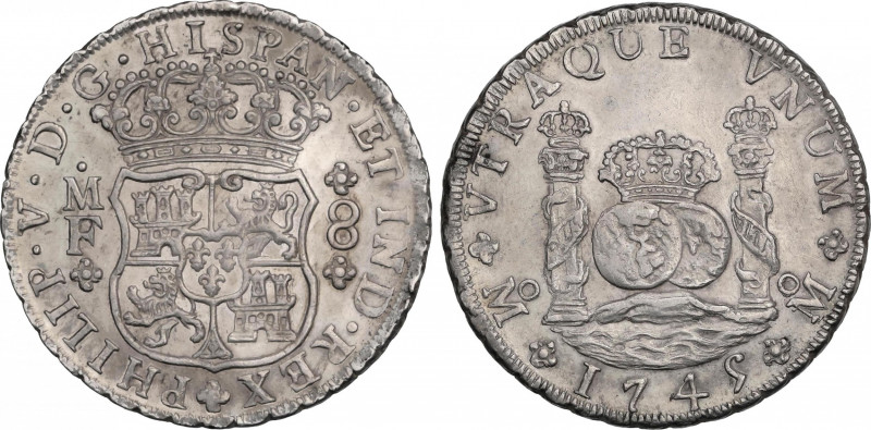 Philip V (1700-1746)
8 Reales. 1745. MÉXICO. M.F. 26,92 grs. Columnario. Restos...