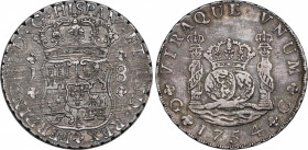 Ferdinand VI (1746-1759)
8 Reales. 1754. GUATEMALA. J. 26,82 grs. Columnario. El 5 de la fecha moderno. Pátina. Rayitas de ajuste. Rara. EBC-. / Pill...