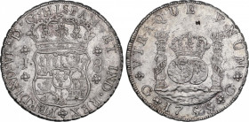 Ferdinand VI (1746-1759)
8 Reales. 1755. GUATEMALA. J. 26,89 grs. Columnario. Ensayador pequeño. Leves rayitas y pequeños resellos chinos. Brillo ori...