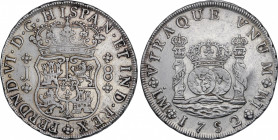 Ferdinand VI (1746-1759)
8 Reales. 1752. LIMA. J. 26,65 grs. Columnario. Monogramas de ceca con punto y A sin travesaño. Rara. EBC-. / Pillar dollar....
