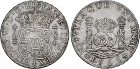 Ferdinand VI (1746-1759)
8 Reales. 1756/5. LIMA. J.M. 26,91 grs. Columnario. Corrección de fecha visible en la parte superior del 6. Pequeñas punzona...