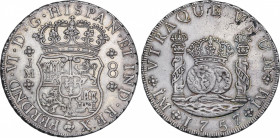 Ferdinand VI (1746-1759)
8 Reales. 1757. LIMA. J.M. 26,89 grs. Columnario. Ínfimas hojitas en reverso. Restos de brillo original. EBC. / Pillar dolla...