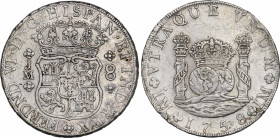 Ferdinand VI (1746-1759)
8 Reales. 1758/7. LIMA. J.M. 26,95 grs. Columnario. Pequeño sobrante de metal en gráfila del reverso. Restos de brillo origi...