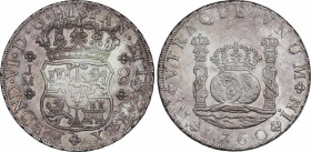 Ferdinand VI (1746-1759)
8 Reales. 1760. LIMA. J.M. 26,61 grs. Columnario. Punto sobre los dos monogramas de ceca. Oxidaciones limpiadas y rayitas. P...