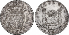 Ferdinand VI (1746-1759)
8 Reales. 1760. LIMA. J.M. 26,81 grs. Columnario. Sin punto sobre el segundo monograma de ceca. MBC+. / Pillar dollar. Secon...