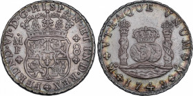 Ferdinand VI (1746-1759)
8 Reales. 1749. MÉXICO. M.F. 26,80 grs. Columnario. Bonita pátina irisada con brillo original subyacente. Bello ejemplar. Ra...