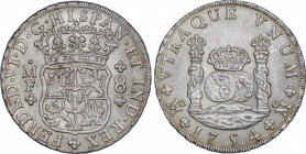Ferdinand VI (1746-1759)
8 Reales. 1754. MÉXICO. M.F. 26,92 grs. Columnario. Coronas Reales. EBC. / Pillar dollar. Royal Crowns. Extremely fine. AC-4...
