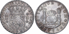 Ferdinand VI (1746-1759)
8 Reales. 1754. MÉXICO. M.M. 26,85 grs. Columnario. Coronas Reales. Limpiada. Rara. MBC+. / Pillar dollar. Royal Crowns. Cle...