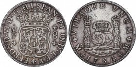 Ferdinand VI (1746-1759)
8 Reales. 1754. MÉXICO. M.F. 26,91 grs. Columnario. Coronas Real e Imperial. Pátina. Escasa. EBC-. / Pillar dollar. Royal an...