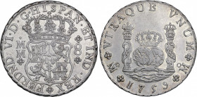 Ferdinand VI (1746-1759)
8 Reales. 1759. MÉXICO. M.M. 27,04 grs. Columnario. Brillo original. Bello ejemplar. Rara así. EBC+. / Pillar dollar. Mint l...