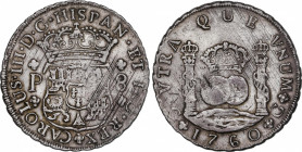 Charles III (1759-1788)
8 Reales. 1760. GUATEMALA. P. 26,91 grs. Columnario. Rayas de ajuste. Ligera pátina. Muy rara. MBC+. / Pillar dollar. Adjustm...