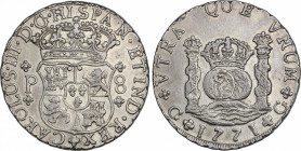 Charles III (1759-1788)
8 Reales. 1771. GUATEMALA. P. 26,87 grs. Columnario. Restos de brillo original. Bella y escasa así. EBC+. / Pillar dollar. Lu...