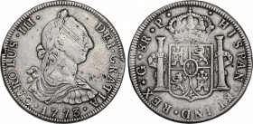 Charles III (1759-1788)
8 Reales. 1773. GUATEMALA. P. 26,62 grs. Rayas de ajuste en anverso y prueba de metal en canto las 9h. MBC. / Adjustement hai...