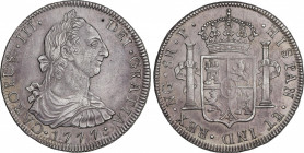 Charles III (1759-1788)
8 Reales. 1777. GUATEMALA. P. 26,98 grs. Leyenda del reverso levemente repintada y visible en anverso a las 6h. Bonita pátina...