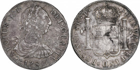 Charles III (1759-1788)
8 Reales. 1780. GUATEMALA. P. 26,76 grs. Oxidaciones en anverso. Pátina negra. MBC+. / Corrosions on obverse. Black patina. C...