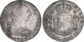 Charles III (1759-1788)
8 Reales. 1787. GUATEMALA. M. 27,01 grs. Bonita pátina irregular oscura con brillo original subyacente. Magnífico ejemplar. S...