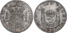 Charles III (1759-1788)
8 Reales. 1760. LIMA. J.M. 26,85 grs. Columnario. Variante con segundo monograma LIMA sin punto encima. Rayas en reverso. MBC...