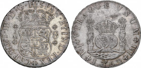 Charles III (1759-1788)
8 Reales. 1762. LIMA. J.M. 26,92 grs. Columnario. Bonita ligera pátina dorada. EBC. / Pillar dollar. Nice light gilded patina...