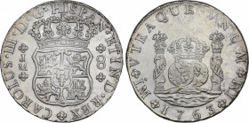 Charles III (1759-1788)
8 Reales. 1763/2. LIMA. J.M. 26,79 grs. Columnario. Brillo original. EBC. / Pillar Dollar. Mint luster. Extremely fine. AC-10...