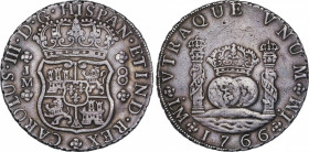 Charles III (1759-1788)
8 Reales. 1766. LIMA. J.M. 26,89 grs. Columnario. Pequeños golpecitos. Pátina oscura. MBC+. / Pillar dollar. Small nicks. Dar...
