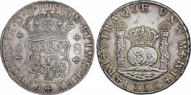Charles III (1759-1788)
8 Reales. 1766. LIMA. J.M. 26,58 grs. Columnario. Variante con segundo monograma sin punto. Ligera pátina irisada. MBC+. / Pi...