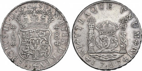 Charles III (1759-1788)
8 Reales. 1767. LIMA. J.M. 26,88 grs. Columnario. Variante con segundo monograma sin punto. Pequñas hojitas. EBC-/MBC+. / Pil...