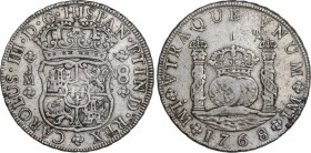 Charles III (1759-1788)
8 Reales. 1768. LIMA. J.M. 27,08 grs. Columnario. Leves oxidaciones. Resello en reverso. MBC. / Pillar dollar. Minor corrosio...