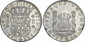 Charles III (1759-1788)
8 Reales. 1768. LIMA. J.M. Encapsulada por NGC MS 61 (nº 5781053-041). 27,11 grs. Columnario. Variante con segundo monograma ...